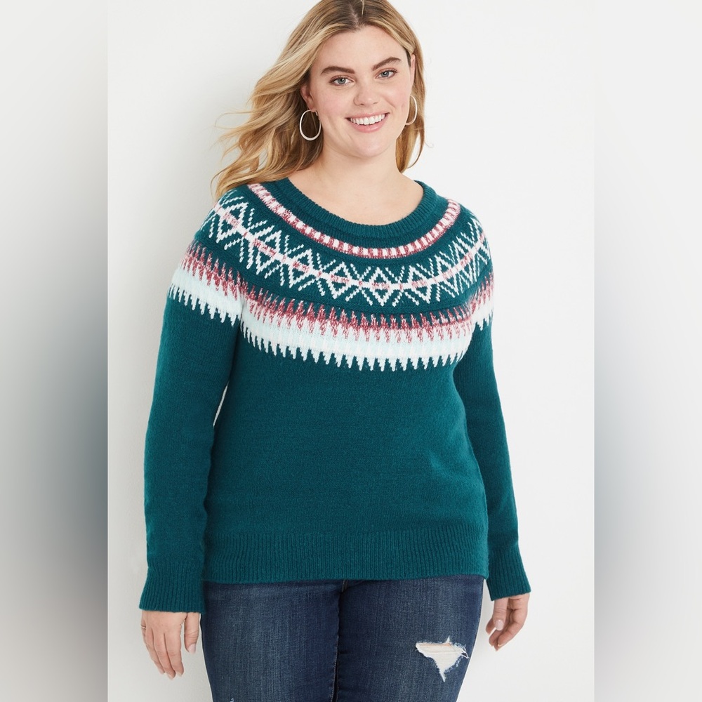 Maurices 2X Plus Size Teal Fair Isle Nordic Crewneck Sweater